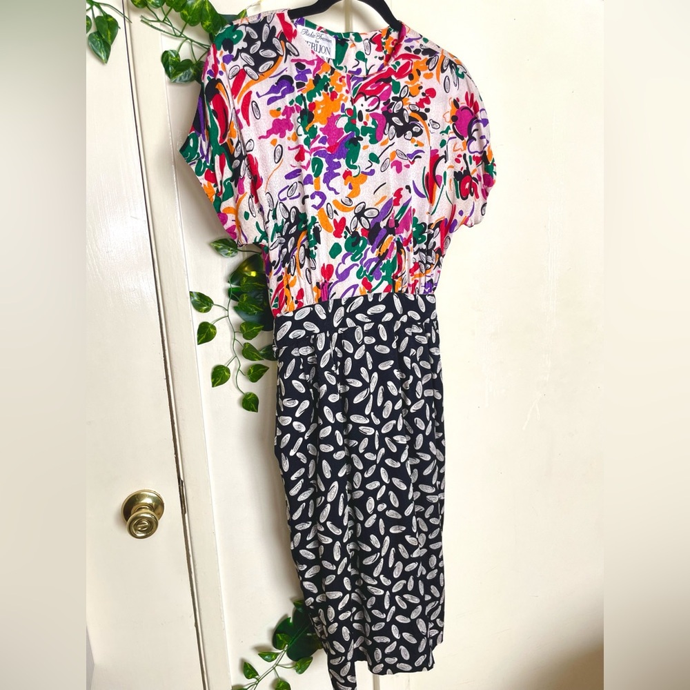 100% Silk 90s Vintage Mixed Print Dress (10)